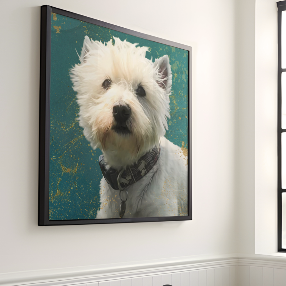 A painted portrait of a fluffy white dog against a teal background.