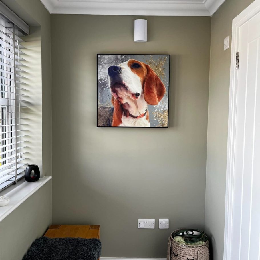 A beagle portrait framed on a green wall, with a window to the left.