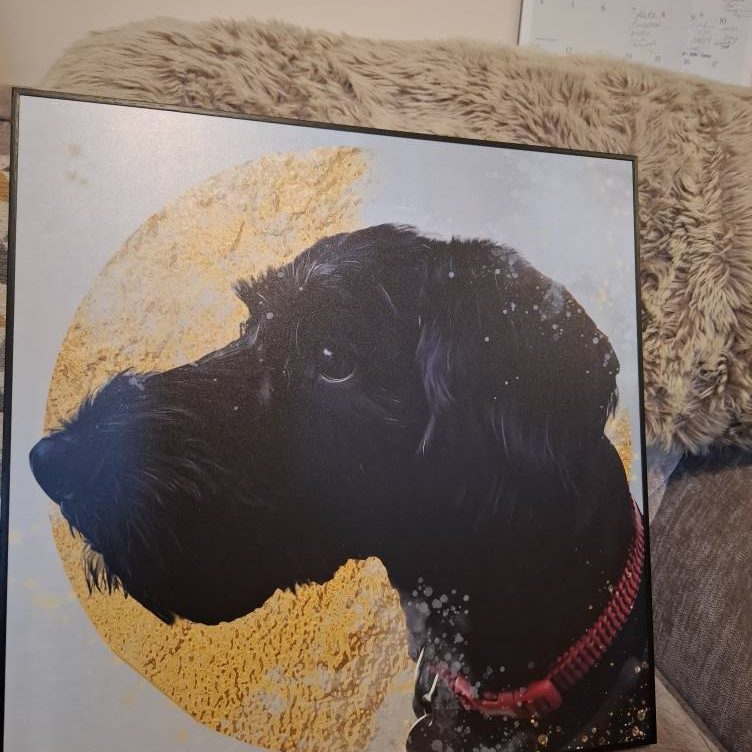 Black dog profile with a textured background and circular golden design.