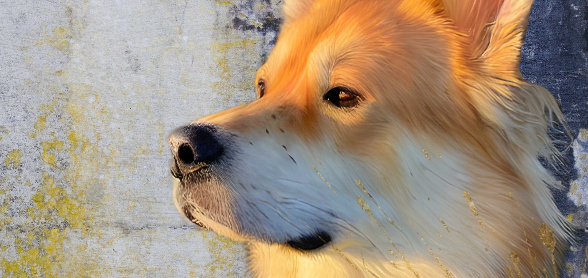 Close-up of a golden-haired dog looking to the side against a textured background.